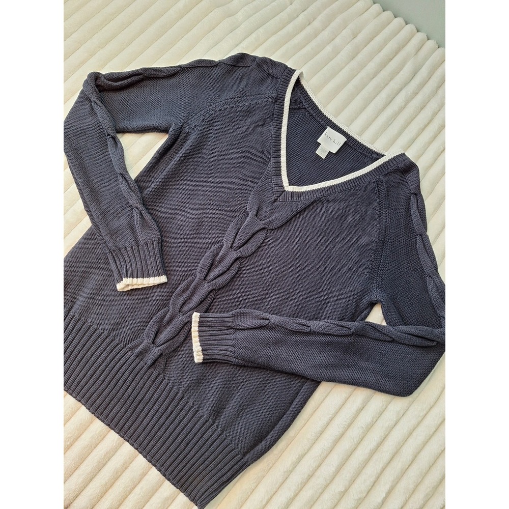 Kate Hill Vneck Ringer Cable Knit Sweater Women M Blk Wht Tennis Golf Preppy Y2K